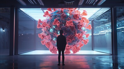 A man stands in contemplation before a large-scale holographic representation of the coronavirus