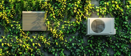 A modern air conditioner installed on a wall covered with green plants