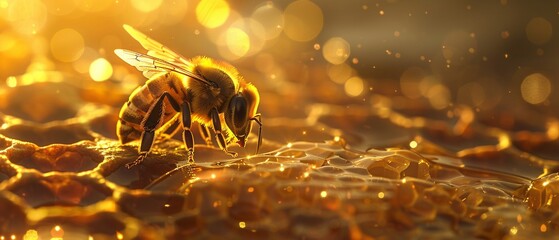 A single honeybee works diligently on honeycomb - obrazy, fototapety, plakaty