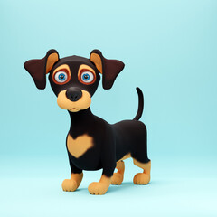 Cute dachshund dog staying on blue background. 3D cartoon character