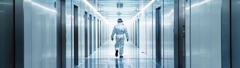 A technician in protective gear walks through the gleaming corridors of a modern