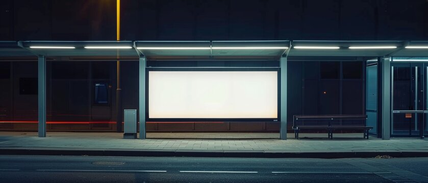 A solitary bus stop with a clean blank billboard illuminated by overhead lights at night