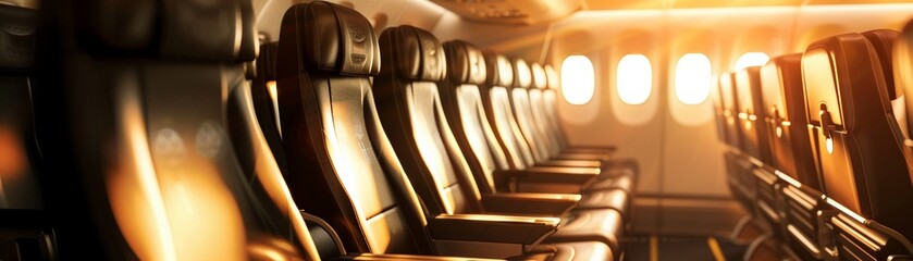 Airplane cabin interior bathed in warm sunlight