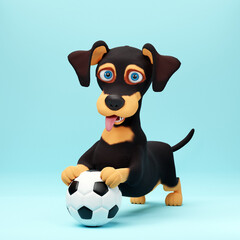 Cute dachshund dog playing with soccer ball on blue background. 3D cartoon character