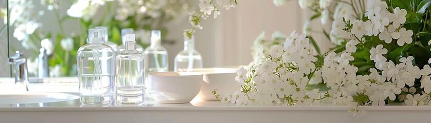 Chic bathroom vanity with a collection of translucent bottles and fresh white flowers in soft light.