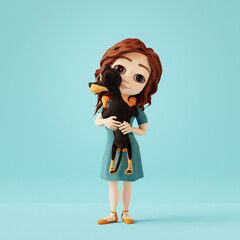 Girl holding cute dachshund dog on blue background. 3D cartoon character - 781413960