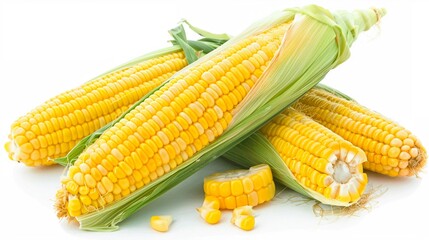 Multiple fresh corn cobs with one sliced section isolated on white background.