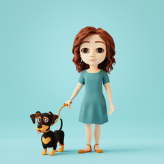 Girl walking with cute dachshund dog on blue background. 3D cartoon character - 781413986