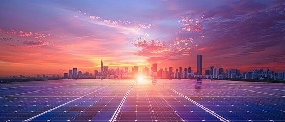 Photovoltaic solar panels with a modern city skyline in the background during a vibrant sunset.