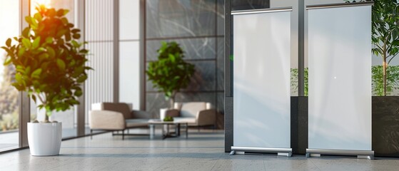 Two blank roll-up banners standing in a contemporary office lobby setting