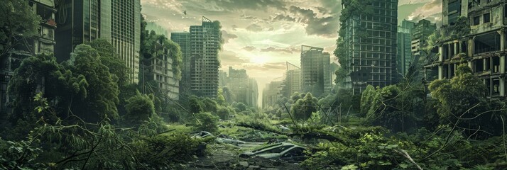 Abandoned Post-Apocalyptic City, Overgrown Ruins, Zombie Apocalypse Ruins, Green Future Dystopia - obrazy, fototapety, plakaty