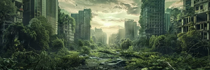 Deurstickers Abandoned Post-Apocalyptic City, Overgrown Ruins, Zombie Apocalypse Ruins, Green Future Dystopia © artemstepanov