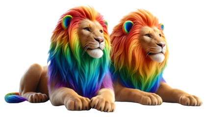 Two lions with rainbow colored manes and tails laying on a white background, Pride Day and Month, Rainbow ,3d render isolated transparent. - obrazy, fototapety, plakaty