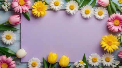 Fototapeta premium Seasonal Banner Mockup Spring Flowers on Wooden Table