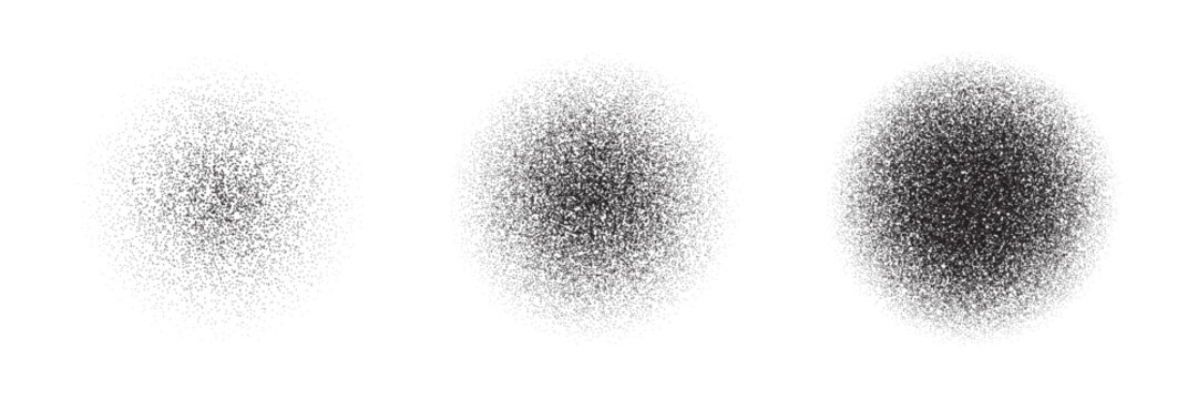 Spray noise gradient. Grainy round brush. Dot dissolve effect. Black stipple pattern.