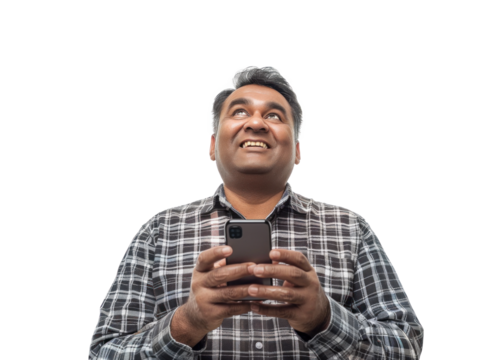 South Asian Man Smiling with Smartphone