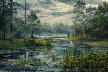 Southern Swamps, Beautiful Swamp, Natural Bog, Marsh, Mire, Southern Wetland, Morass - obrazy, fototapety, plakaty