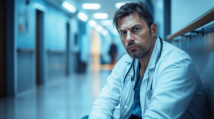 Fototapeta premium upset sad depressed tired young male surgeon doctor sitting in corridor of hospital clinic