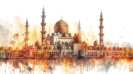 Dynamic watercolor depiction of a mosque over a white backdrop with reflection over white setting and space, Generative AI.