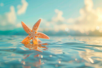 Starfish on the summer beach in sea water. Summer background - 781415147
