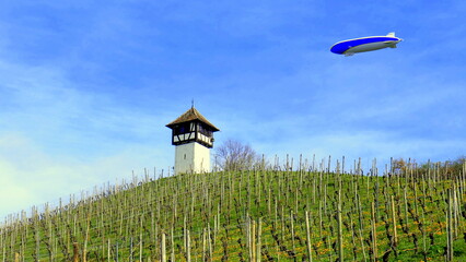 gepflegter Weinberg bei Meersburg am Bodensee  mit Zeppelin und malerischem Rebhäuschen © globetrotter1