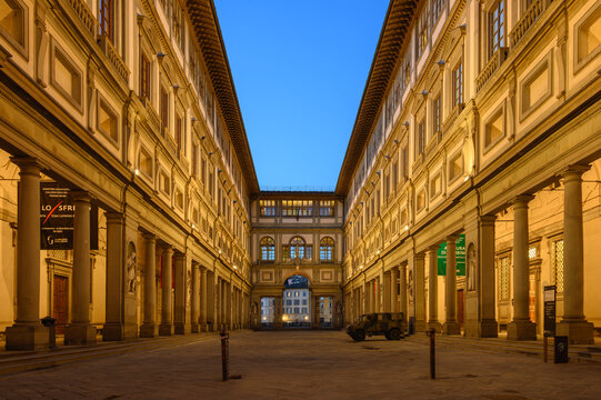 Florence, Italy - December 12, 2021: The Uffizi Gallery at Dusk