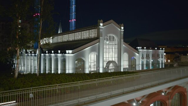 Building of the House of Culture GES-2 at night in Moscow, Russia.