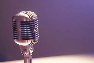 Vintage silver microphone on purple background. Copy space - 781415303