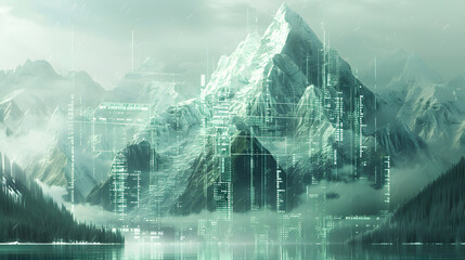 A serene mountain landscape overlaid with a transparent futuristic cityscape, evoking themes of nature versus technology