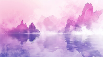 Serene Purple Mountain Reflections in Tranquil Waters. Watercolor landscape. Pastel background