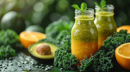 "Morning Dew Smoothie"
"Dew-kissed green and orange smoothies in jars amidst a lush backdrop of kale and avocado, offering a zesty start to the day."