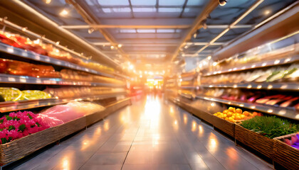 Blurred background of a light modern supermarket interior, sweet romantic moment on digital art concept, Generative AI.