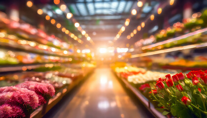 Blurred background of a light modern supermarket interior, sweet romantic moment on digital art concept, Generative AI. - 781415523