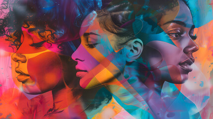 Collage surréaliste de portraits de femmes aux couleurs éclatantes