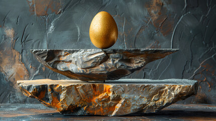 A single golden egg perfectly balanced on textured, rustic scales against an abstract background - obrazy, fototapety, plakaty