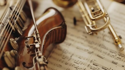 Fototapeta premium Various musical instruments lie on sheet music of a symphony