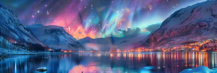 Northern Lights, Norway Winter Aurora Borealis Painting, Polar Lights, Copy Space - obrazy, fototapety, plakaty
