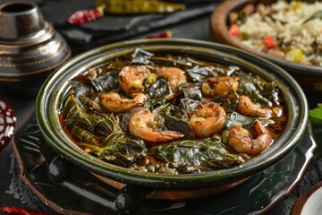 Mulukhiyah Egyptian Dish made from Mulukhiyah Plant Leaves, Cooked with Chicken or Shrimp