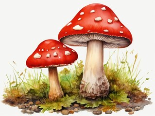 Watercolor Red Mushroom, Aquarelle Fly Agaric, Creative Watercolor Wild Fungi, Watercolour Fungus