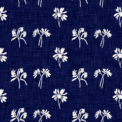 Indigo denim blue leaf motif seamless pattern. Japanese dye batik fabric style effect print background swatch.  - 781415915