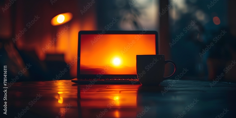 Canvas Prints Laptop Screen Glowing in a Cozy Dark Room with a Cup of Coffee Signaling Late Night Hustle