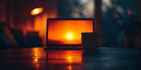 Laptop Screen Glowing in a Cozy Dark Room with a Cup of Coffee Signaling Late Night Hustle