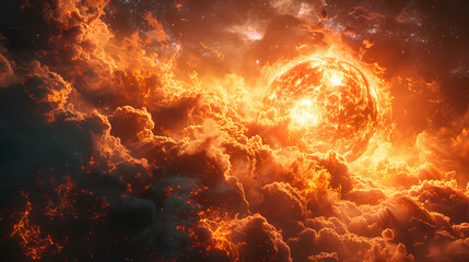 Dramatic depiction of an apocalyptic event, with a planet engulfed in flames amidst a tumultuous, fiery sky