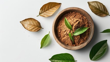 Top view of a bowl of henna powder good for human healthcare on white backdrop with a big space for text or product, Generative AI.