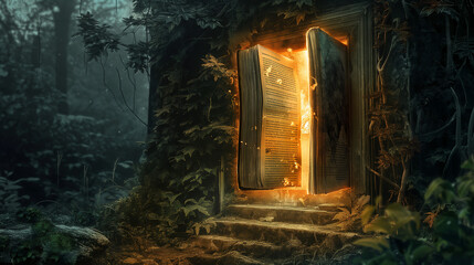 Mystical doorway in a forest with golden light, perfect for storybook illustrations or fantasy game backgrounds