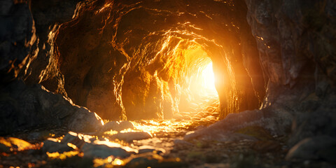 Sunlight streaming into cave entrance, illuminating rocky walls, Jesus tomb stone - obrazy, fototapety, plakaty