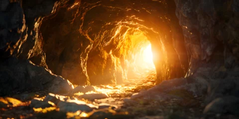 Fotobehang Sunlight streaming into cave entrance, illuminating rocky walls, Jesus tomb stone © GulzarHussain