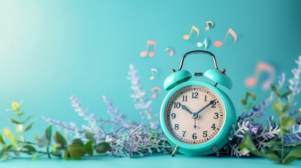 Alarm clocks ringing with musical notes floating away, isolate on soft color background