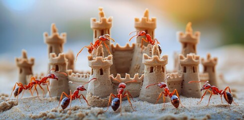 Ants constructing a sandcastle fortress, complete with moats and towers isolate on soft color background - obrazy, fototapety, plakaty