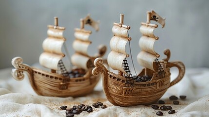 Fototapeta na wymiar Pirate ships sailing across seas of morning coffee, isolate on soft color background